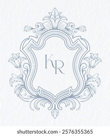 Wedding monogram with KR initials Design. Vintage baroque frame engraving border monogram.