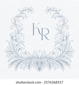 Wedding monogram with KR initials Design. Floral monogram crest design. Vintage elegant wedding crest design.
