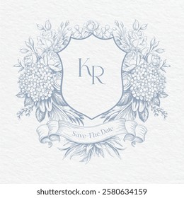 Wedding monogram with KR initials. Floral monogram crest design. Elegant wedding crest design.