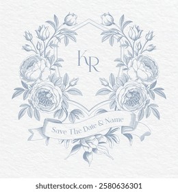 Wedding monogram with KR initials. Rose Floral monogram crest design. Elegant wedding crest design.