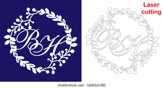 Wedding monogram for laser cutting. B H initials of the wedding decorative logo in a floral frame. The perfect gift for your wedding day