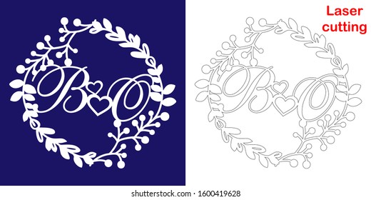 Wedding monogram for laser cutting. B O initials of the wedding decorative logo in a floral frame. The perfect gift for your wedding day