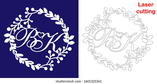 Wedding monogram for laser cutting. B K initials of the wedding decorative logo in a floral frame. The perfect gift for your wedding day.