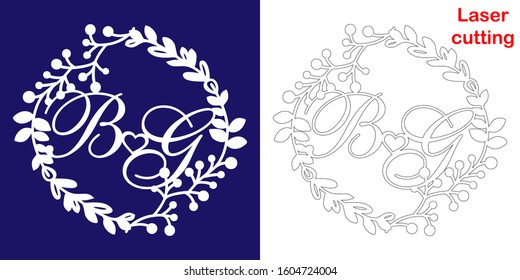Wedding monogram for laser cutting. B G initials of the wedding decorative logo in a floral frame. The perfect gift for your wedding day.