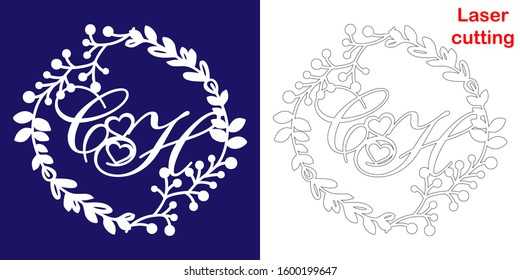 Wedding monogram for laser cutting. C H initials of the wedding decorative logo in a floral frame. The perfect gift for your wedding day