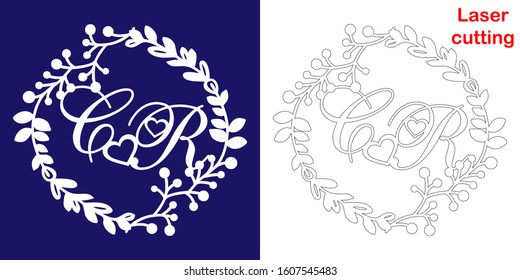 Wedding monogram for laser cutting. C R initials of the wedding decorative logo in a floral frame. The perfect gift for your wedding day