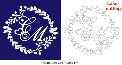 Wedding monogram for laser cutting. C M initials of the wedding decorative logo in a floral frame. The perfect gift for your wedding day