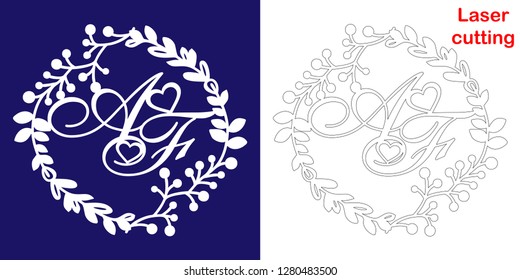 Wedding monogram for laser cutting. A F initials of the wedding decorative logo in a floral frame. The perfect gift for your wedding day.