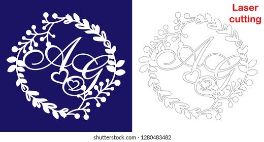Wedding monogram for laser cutting. A G initials of the wedding decorative logo in a floral frame. The perfect gift for your wedding day.