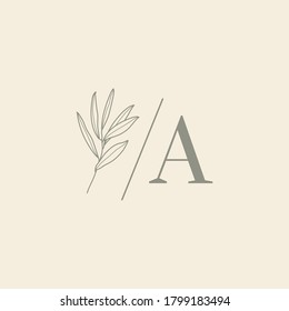 Wedding Monogram and Logo with Olive Branch in Modern Minimal Liner Style. Vector Floral template for Invitation Cards, Save the Date. Botanical rustic illustration