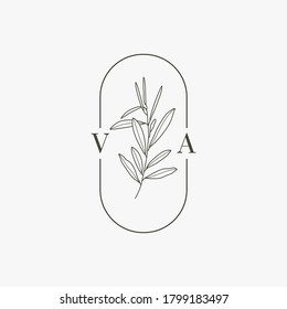Wedding Monogram and Logo with Olive Branch in Modern Minimal Liner Style. Vector Floral template for Invitation Cards, Save the Date. Botanical rustic illustration