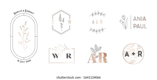 Wedding Monogram Logos Collection with Hand Drawn Flowers. Modern Minimalistic Floral Templates for Invitation Cards, Save the Date, Elegant Identity for Restaurant, Boutique, Cafe Vector Illustration