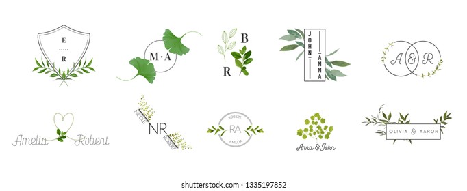 Wedding monogram logos collection, watercolor modern rustic and floral templates for Invitation cards, Save the Date, elegant identity for restaurant, boutique, cafe in vector