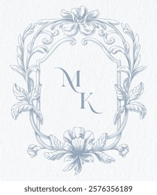 Wedding monogram with MK initials Design. Vintage baroque frame engraving border monogram.