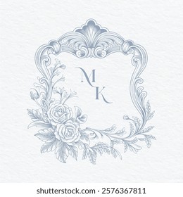 Wedding monogram with MK initials Design. Rose Floral monogram crest design. Vintage elegant wedding crest design.