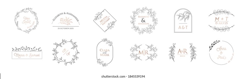 Wedding monogram modern collection, minimalistic floral vector templates, wreath for Invitation, Save the Date Cards. Logo luxury identity for restaurant, boutique, cafe. Calligraphic emblem frame