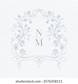 Wedding monogram with NM initials Design. Floral monogram crest design. Vintage elegant wedding crest design.