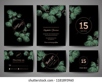 Wedding Monogram Pine Tree Invitation Card, Save the Date Template with Golden Foil Design, Vector Illustration