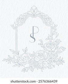 Wedding monogram with PS initials Design. Floral monogram crest design. Vintage elegant wedding crest design.