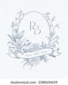 Wedding monogram with RB initials. Floral monogram crest design. Elegant wedding crest design.