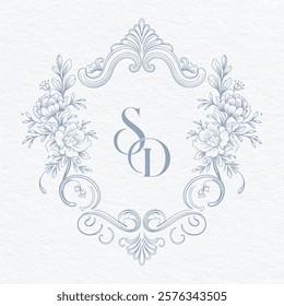 Wedding monogram with SD initials Design. Floral monogram crest design. Vintage elegant wedding crest design.