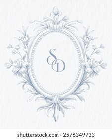 Wedding monogram with SD initials Design. Floral monogram crest design. Vintage elegant wedding crest design.