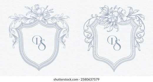 Wedding monogram with SD initials. Floral monogram crest design. Elegant wedding crest design.