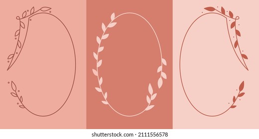 Wedding Monogram. Set Of Floral Oval Frame Line Art Illustration For Copy Space And Quotes. Laurel Wreath Border Branches Design Ornament. Hand Drawn Simple Vector Element Collection In Peach Color.