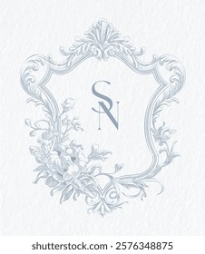 Wedding monogram with SN initials Design. Floral monogram crest design. Vintage elegant wedding crest design.