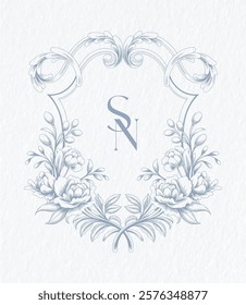 Wedding monogram with SN initials Design. Floral monogram crest design. Vintage elegant wedding crest design.