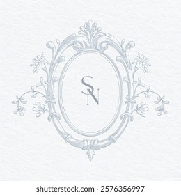 Wedding monogram with SN initials Design. Floral monogram crest design. Vintage elegant wedding crest design.