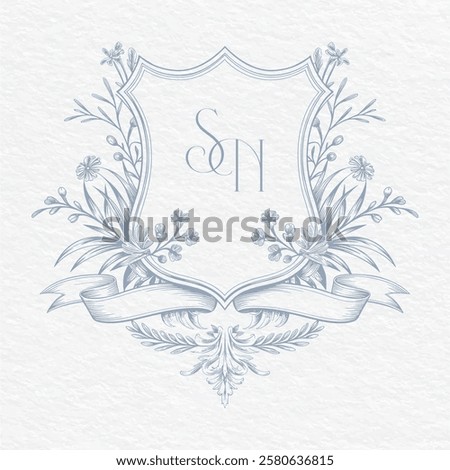 Wedding monogram with SN initials. Floral monogram crest design. Elegant wedding crest design.