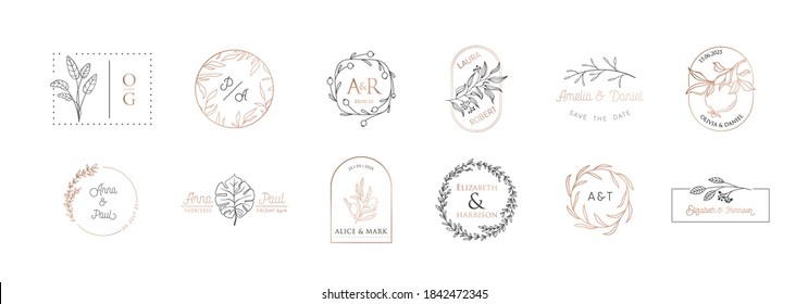 Wedding monogram vector collection, modern minimalistic floral templates, wreath for Invitation, Save the Date Cards. Logo luxury identity for restaurant, boutique, cafe. Calligraphic emblem frame