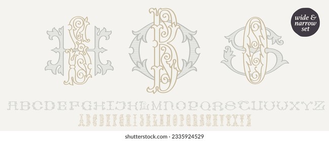 Wedding monograms creator kit. Elegant historical style alphabet for party invitations. The set includes Wide and Narrow capitals, so you can make your own monogram, by combining letters you want. 