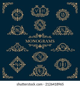 Monogramas de bodas. Monograma floral, marcos de adornos boho. Pareja elegante emblema para cartas. Decoración ornamental de lujo colección vectorial ordenada