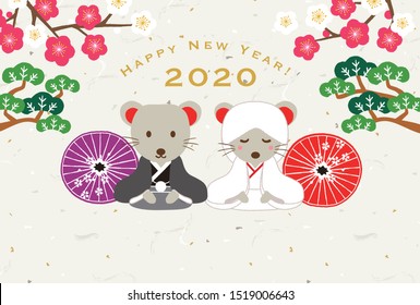 Wedding mouse couple 
wearing a Japanese kimono for new ears card