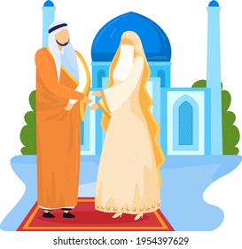 Wedding muslim, man islamic happy, groom girl, appealing people, couple background, design, flat style vector illustration.