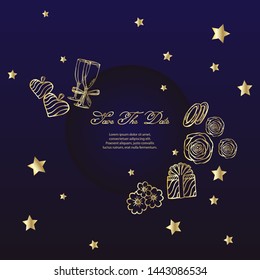  Wedding navy blue and gold concept.  vector illustration. card with a frame of drawings of flowers, rings, gift, rings, glasses, hearts.