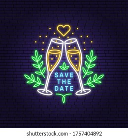 Wedding neon invitation card template. Vector illustration. Thin line geometric badge. Outline icon for save the date invitation card design. Modern neon minimalist design with champagne glass