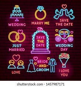 Wedding Neon Label Set. Vector Illustration of Love Promotion.