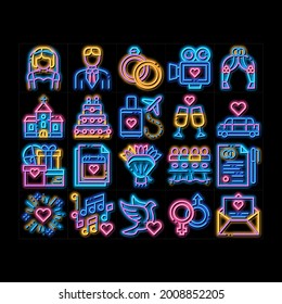 Vector de señal de luz de neón de casamiento. Icono brillante Bride Y Groom, Anillos Y Pictogramas De Elementos De Boda Limusina. Iglesia Y Arco, Fuegos Artificiales E Ilustraciones De Baile