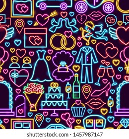 Wedding Neon Seamless Pattern. Vector Illustration of Love Promotion.