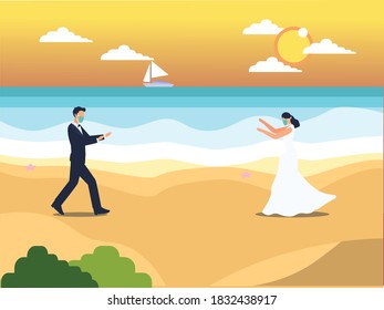 Wedding in New Normal vector concept: Bridegroom running to each other while wearing face mask on the beach during new normal after coronavirus outbreak