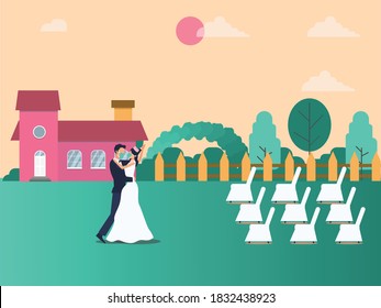 Wedding in New Normal vector concept: Bridegroom dancing at the backyard while wearing face mask with empty guest chair during new normal after coronavirus outbreak