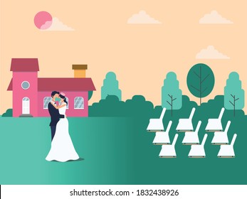 Wedding in New Normal vector concept: Bridegroom hugging and kissing while wearing face mask with empty guest chair at the home backyard during new normal after coronavirus outbreak