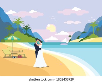 Wedding in New Normal vector concept: Bridegroom hugging and kissing on the beach while wearing face mask during new normal after coronavirus pandemic