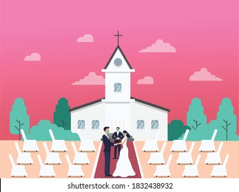 Wedding in New Normal vector concept: Bridegroom having married while wearing face mask with a pastor and empty guest chair at the church yard during new normal