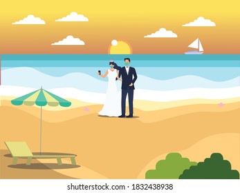 Wedding in New Normal vector concept: Bridegroom taking selfie photo while wearing face mask at beach during new normal after coronavirus outbreak