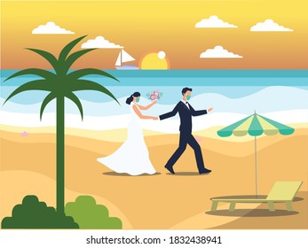 Wedding in New Normal vector concept: Happy bridegroom wearing face mask and walking on the beach while holding hands during new normal