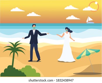 Wedding in New Normal vector concept: Bridegroom dancing on the beach while wearing face mask during new normal after coronavirus outbreak